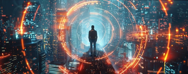 Photo a lone figure stands in a swirling neonlit portal surrounded by a chaotic cityscape