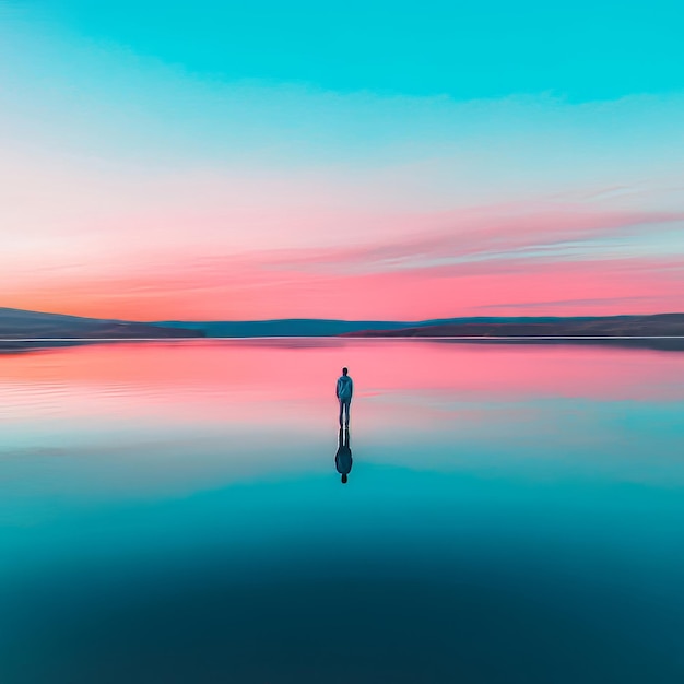 A lone figure stands in a tranquil lake with a vivid pink and blue sky at dawn