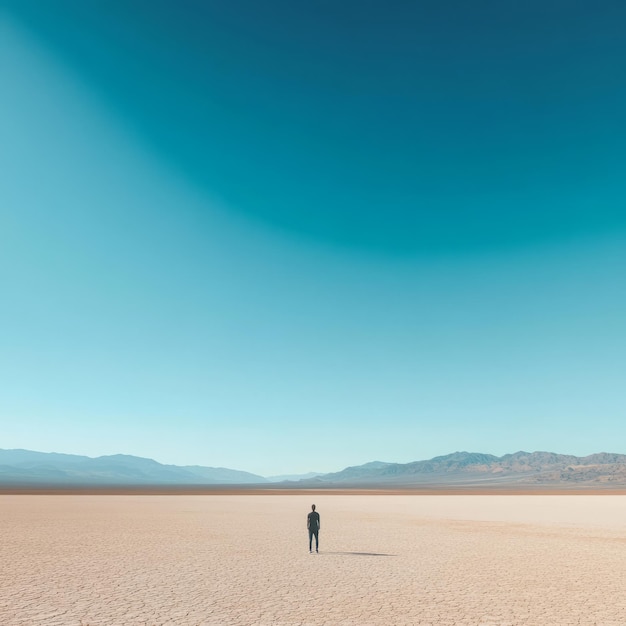 Photo a lone figure stands on a vast desert plain under a clear blue sky