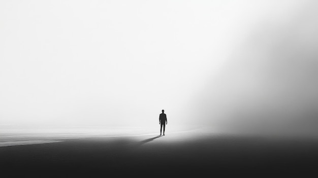 Photo a lone figure stands in a vast white hazy landscape their silhouette is barely visible against the bright white background