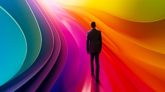 Photo a lone figure in a suit walks into a stunning rainbowcolored abstract landscape embracing the spectr