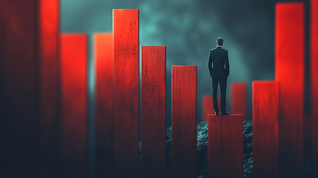 Photo a lone figure surveys a landscape of towering red bar graphs representing fluctuating fortunes