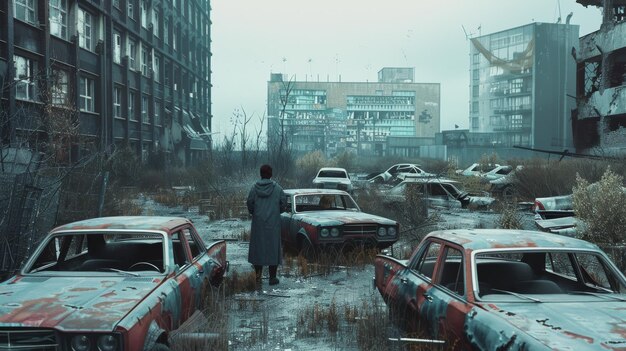 A lone figure in a trench coat walks through an abandoned dystopian urban landscape filled with rusting cars and decaying buildings