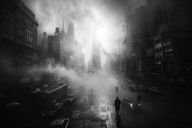 A lone figure walking down a bustling city street surrounded by towering skyscrapers