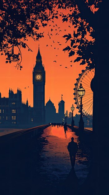 A lone figure walks along the Thames River in London silhouetted against the iconic Big Ben and London Eye The sunset casts a warm orange glow over the city creating a sense of peace and tranquilit