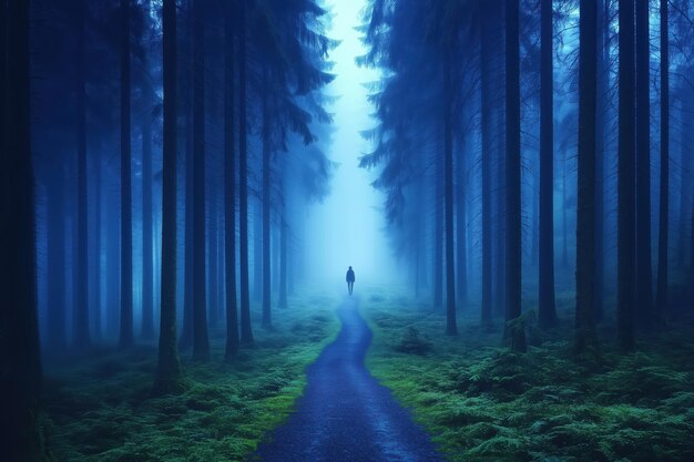 Photo lone figure walks a path through a bluetinged misty forest evoking mystery and solitude