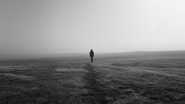 Photo a lone figure walks through a field of wheat the path is long and difficult but the figure keeps going