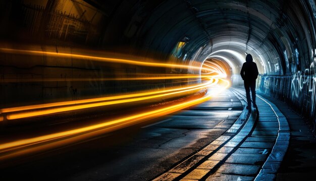 Photo a lone figure walks through an illuminated tunnel with streaks of light moving past during the even