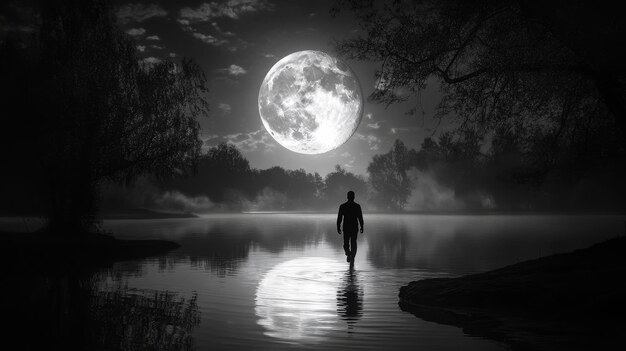 Photo a lone figure walks towards a full moon reflecting on a tranquil lake symbolizing introspectio