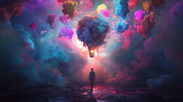 Photo a lone figure walks towards a giant lightbulb made of colorful smoke clouds