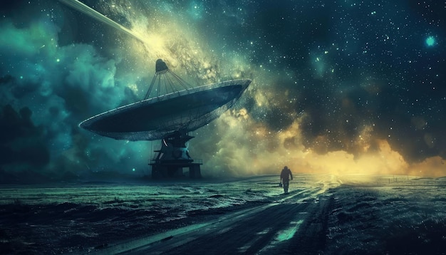 A lone figure walks towards a giant satellite dish against a starry sky