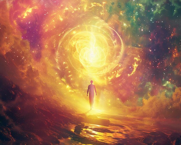 Photo a lone figure walks towards a glowing portal in a vibrant celestial landscape the sky bursts with color and energy