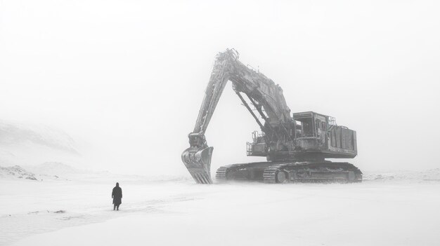 Photo a lone figure walks towards a massive excavator in a snowy wasteland