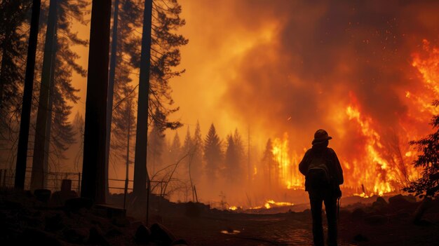 A lone firefighter silhouetted against a blazing forest fire