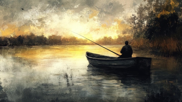 A lone fisherman sits in a small boat on a calm lake at sunset The sky is a mix of yellow and orange and the water is reflecting the colors of the sky