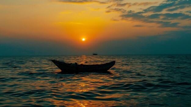 A lone fishing boat sits on a calm sea as the sun sets in the background The sky is a deep orange and the water is a dark blue