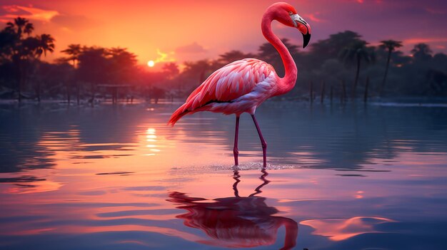 Lone Flamingo Ballet at Sunset