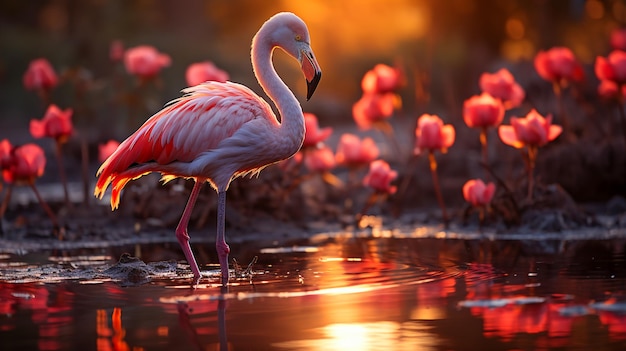 Lone Flamingo Ballet at Sunset