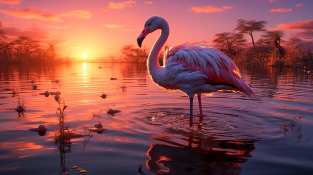 Lone Flamingo Ballet at Sunset