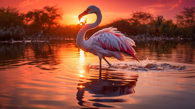 Lone Flamingo Ballet at Sunset