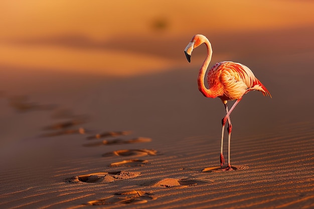 A lone flamingo stands on one leg in a desert with its footprints trailing behind in the golden light of sunset