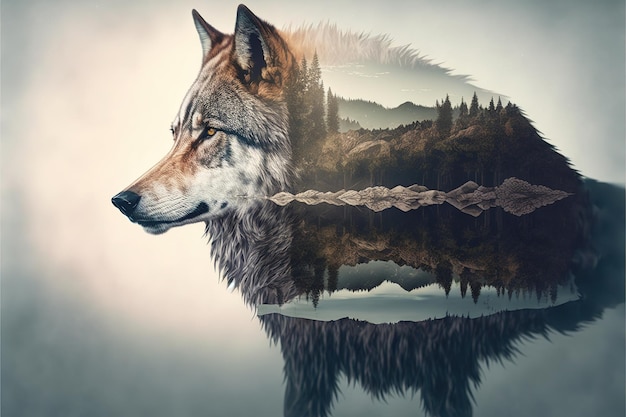 Lone grey wolf in solitude on wondrous double exposure nature background