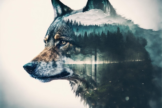 Lone grey wolf in solitude on wondrous double exposure nature background