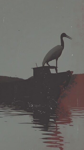 Photo a lone heron stands on a boat silhouetted against a dusky sky