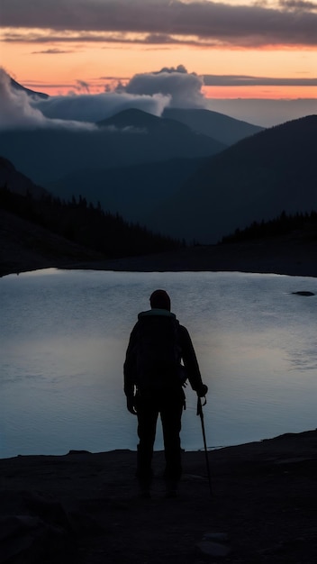 Lone Hiker by Mountain Lake at Dusk