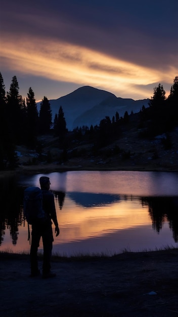 Lone Hiker by Mountain Lake at Dusk