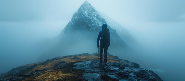 A lone hiker on a foggy mountain peak