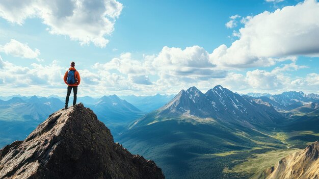 Photo lone hiker gazing at mountain range under a blue sky