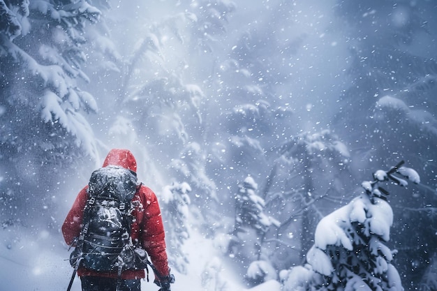 Lone Hiker in Heavy Winter Gear Trekking Through Snowy Mountains