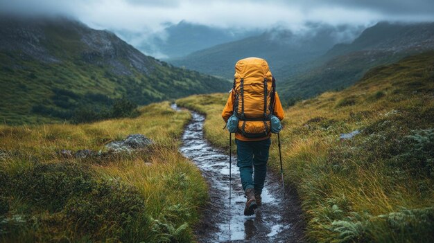 Photo lone hiker on a mountain path in a misty landscape