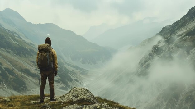 Photo a lone hiker stands at the edge of a misty valley surrounded by mountainous terrain embodying adventure and solitude