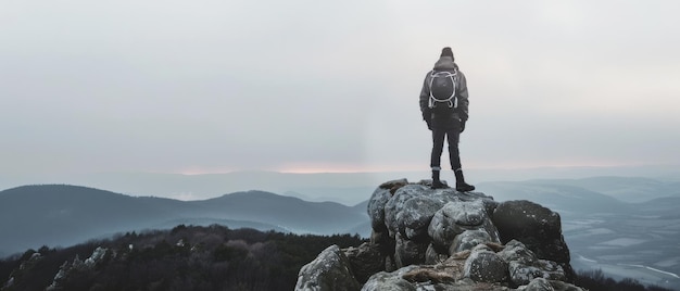 A lone hiker stands on a lofty outcrop absorbing the serene beauty of an expansive misty mountain range embodying solitude and contemplation