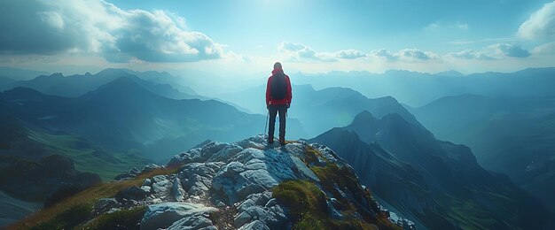 A lone hiker stands on a mountain peak overlooking a vast misty valley