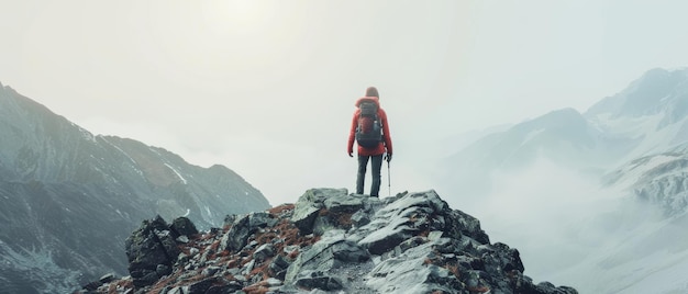 A lone hiker stands on a rocky mountain peak looking out over foggy snowcapped mountain ranges under a muted sky symbolizing adventure and solitude