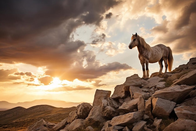 Lone horse against sunset sky