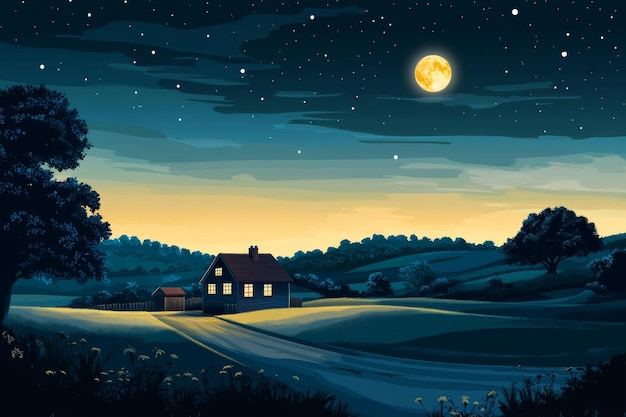 A lone house sits on a hill with a full moon shining brightly in the night sky