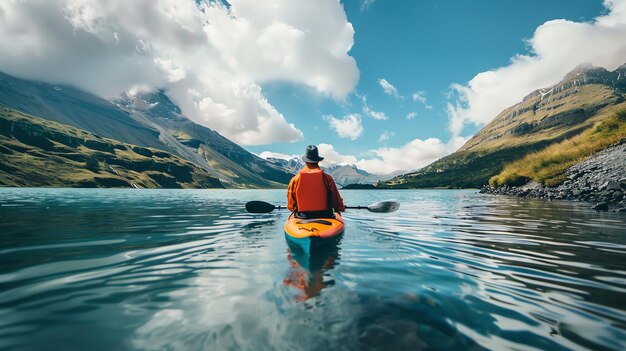 A lone kayaker paddles through a calm lake on a sunny day The water is crystal clear The