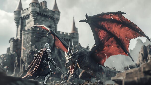 Photo a lone knight faces a mighty dragon in front of a medieval castle