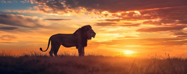 A Lone Lion Silhouetted Against a Vibrant Sunset in a Grassy Savanna