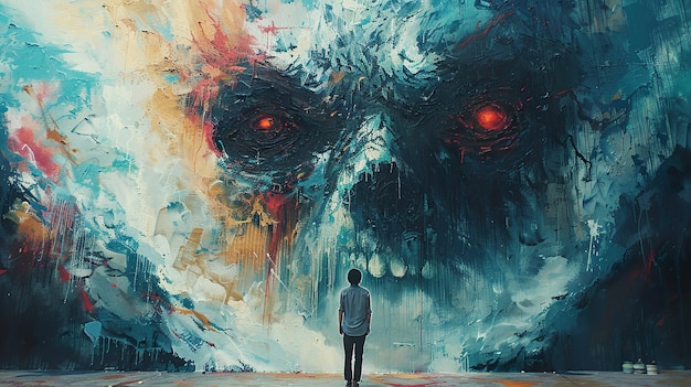 Photo a lone man stands before a massive abstract and menacing mural of a monster with glowing red eyes