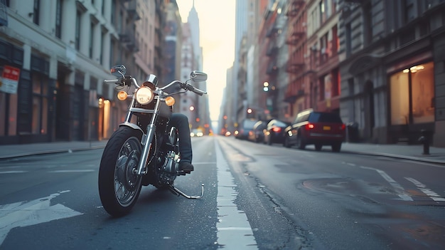 A lone motorcycle sits on an empty city street The street is lined with tall buildings and the lights of the city are blurred in the background