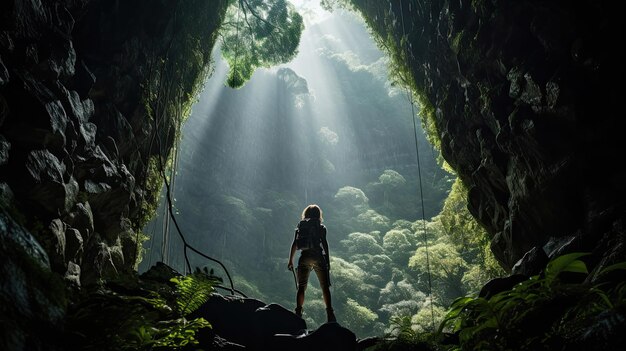 Lone mountaineer ascends towering rock