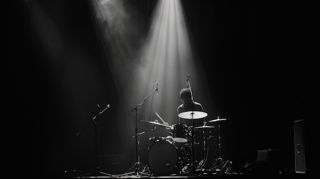 A lone musician lost in the rhythm spotlighted against a deep black backdrop igniting the stage