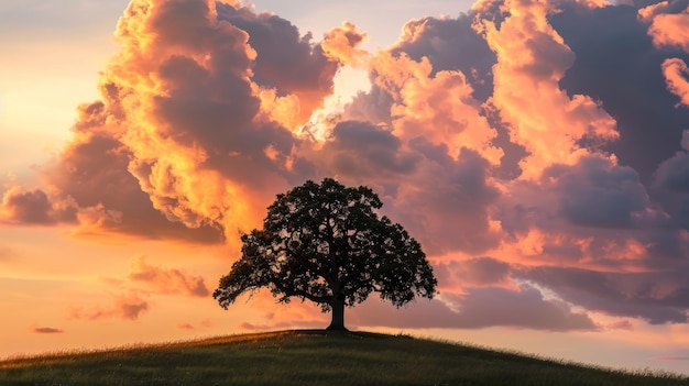 Lone oak tree on a hill dramatic clouds at sunset