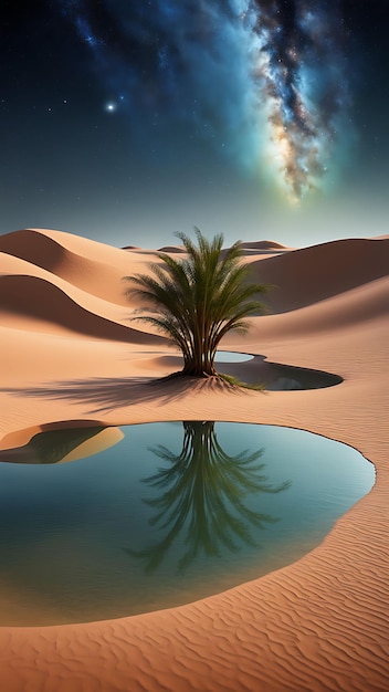 Photo a lone palm tree stands tall in a desert oasis beneath a starry sky