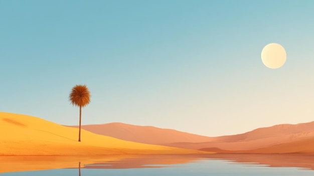 Photo a lone palm tree stands tall in a desert oasis its reflection shimmering in the calm waters